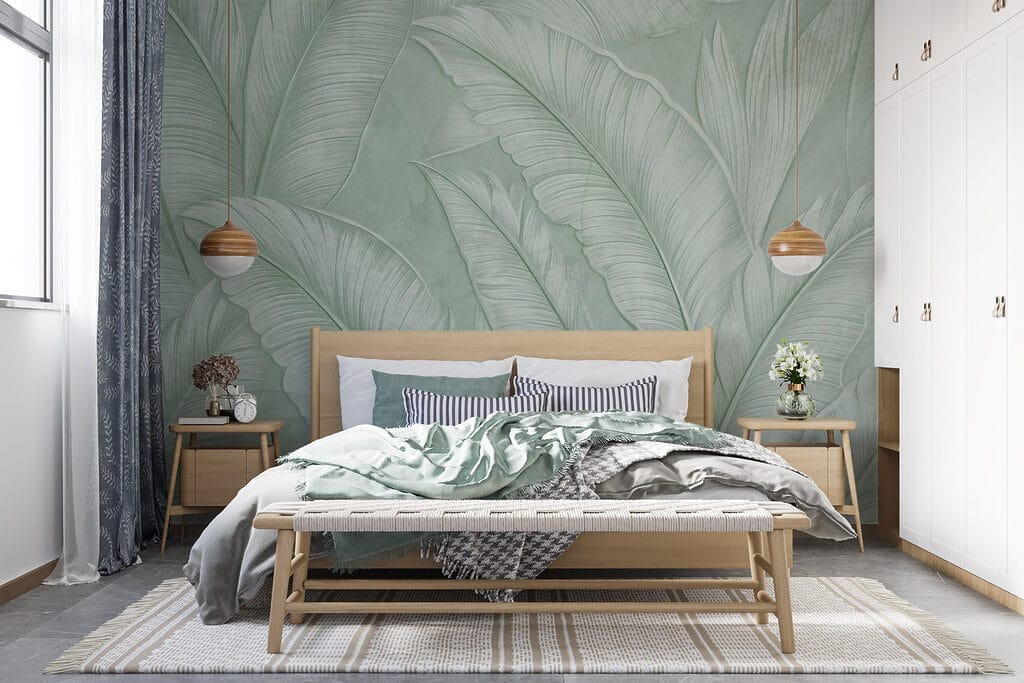 Palmblätter mit feinen Adern in einem Interieur