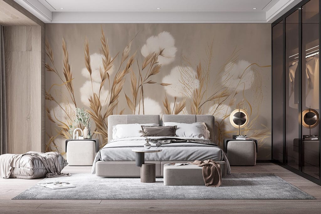 Baumwolle zwischen goldenen Halmen in einem Interieur