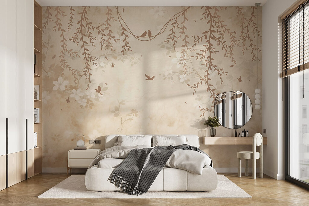 Vögelchen unter blassen Ranken in einem Interieur
