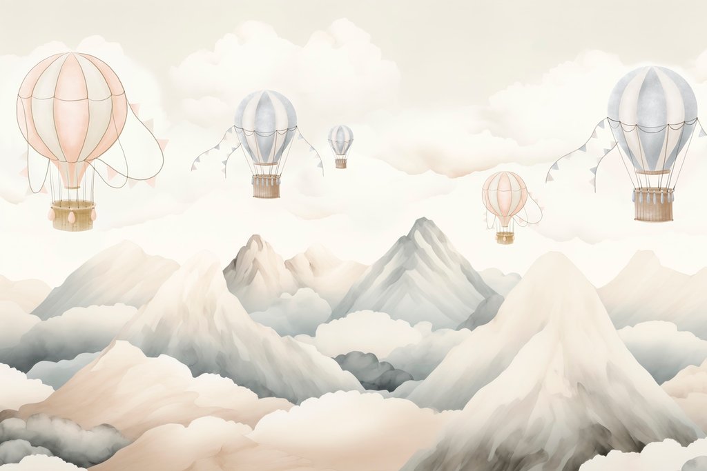 Heißluftballons über weißen Bergen — ganzes Design