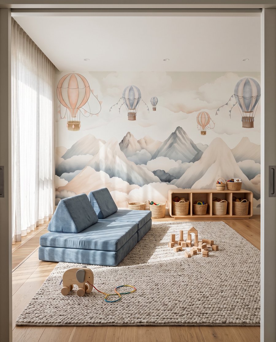 Heißluftballons über weißen Bergen in einem Interieur