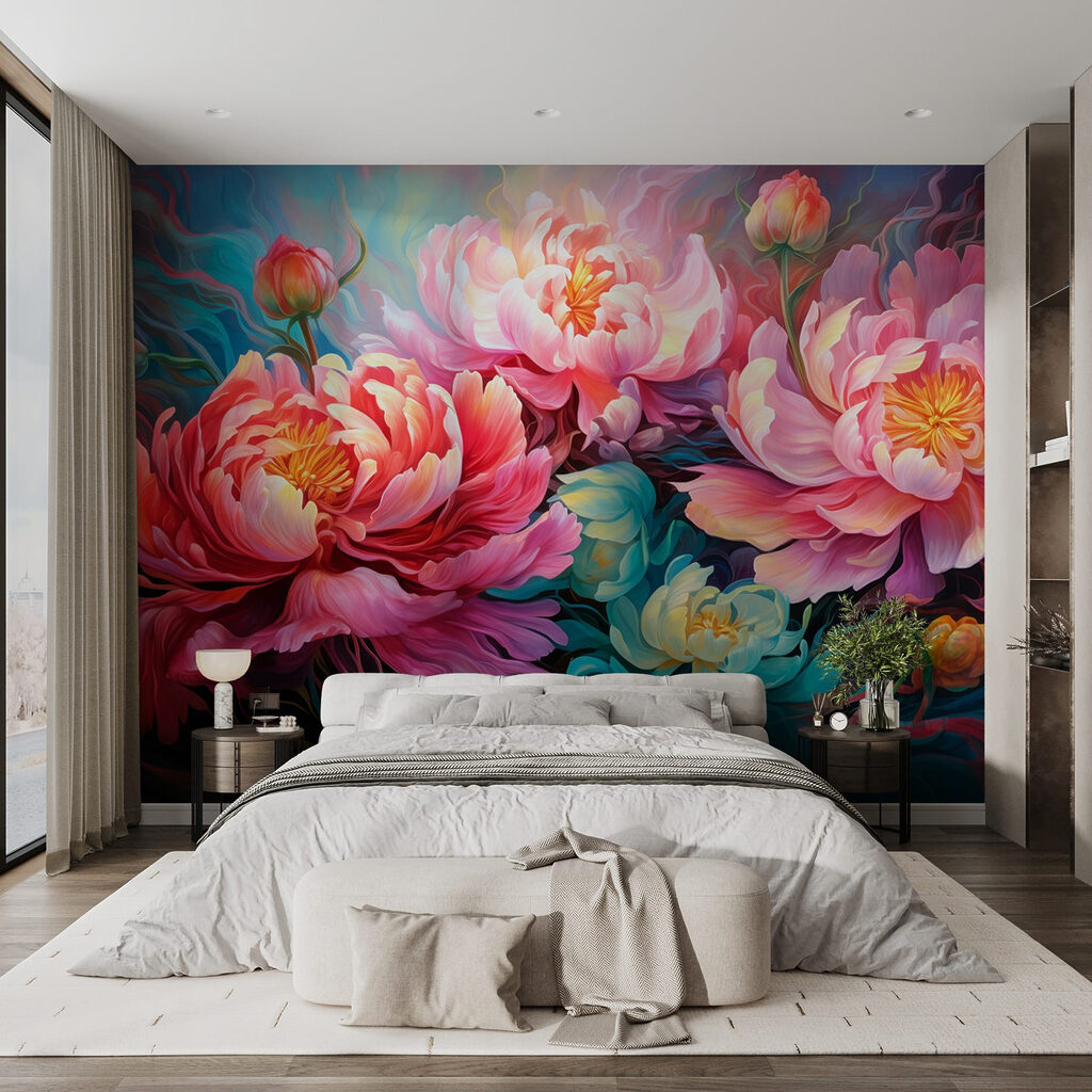 Pfingstrosen in wirbelnden Farben in einem Interieur