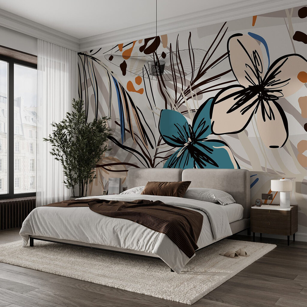 Tropenblüten in losen Konturen in einem Interieur