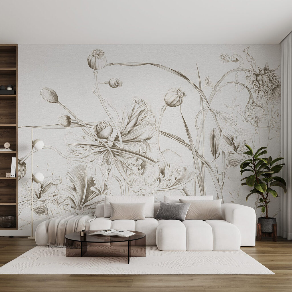 Wiesenblumen in feinen Linien in einem Interieur