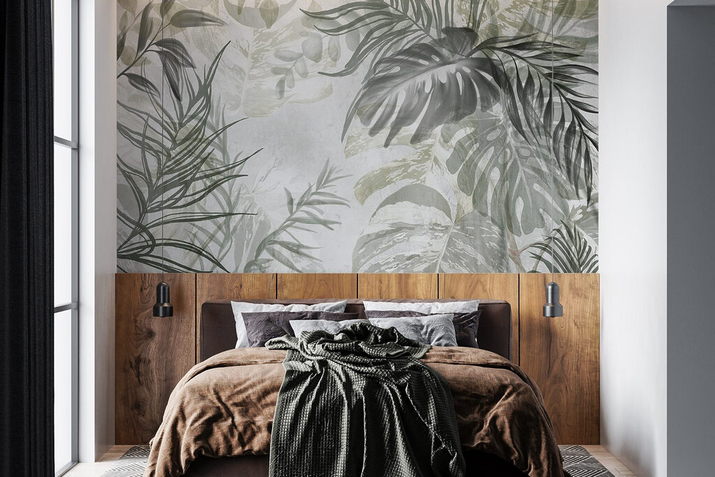 Blätter vor Farbschleier in einem Interieur
