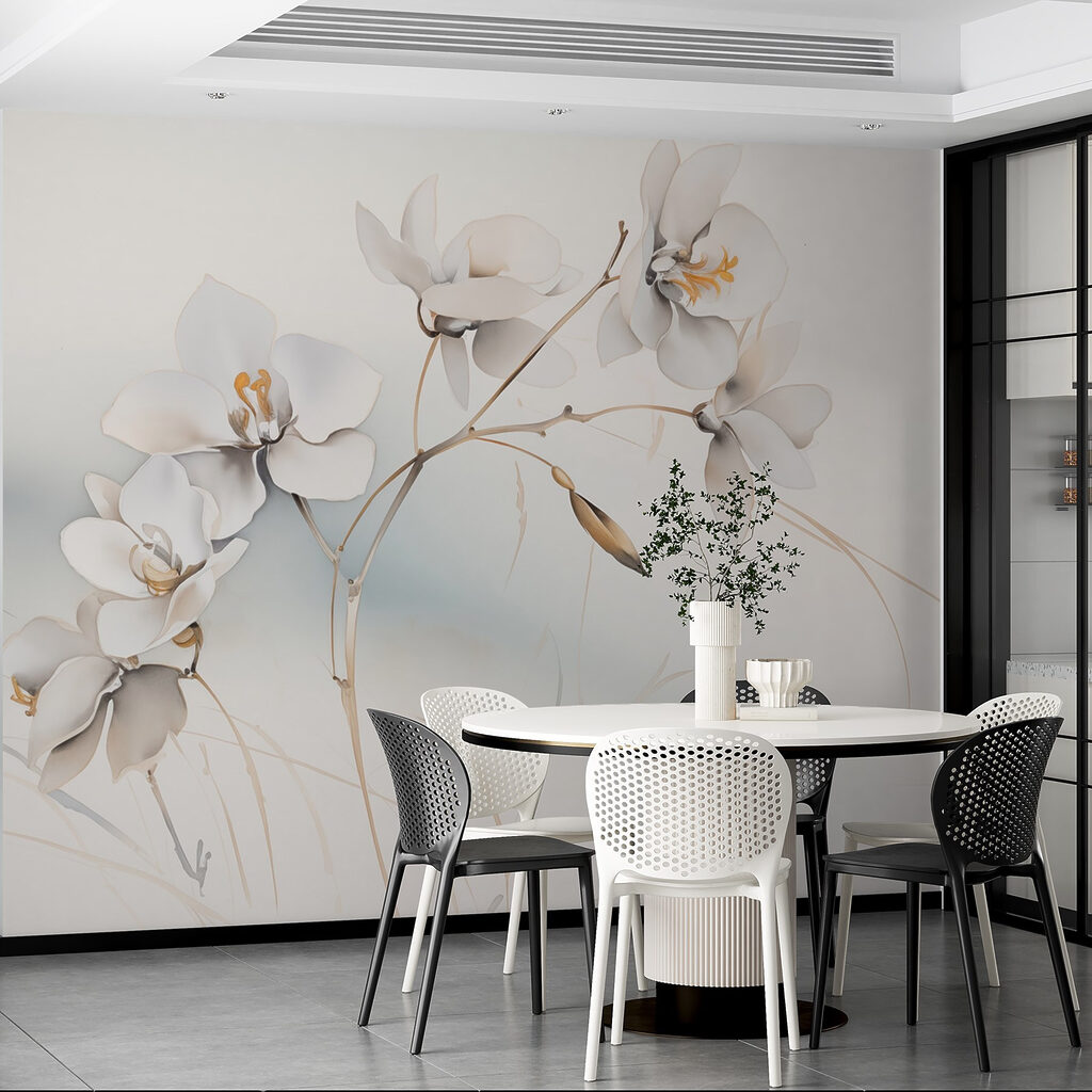 Weiße Blüten, goldene Zweige in einem Interieur