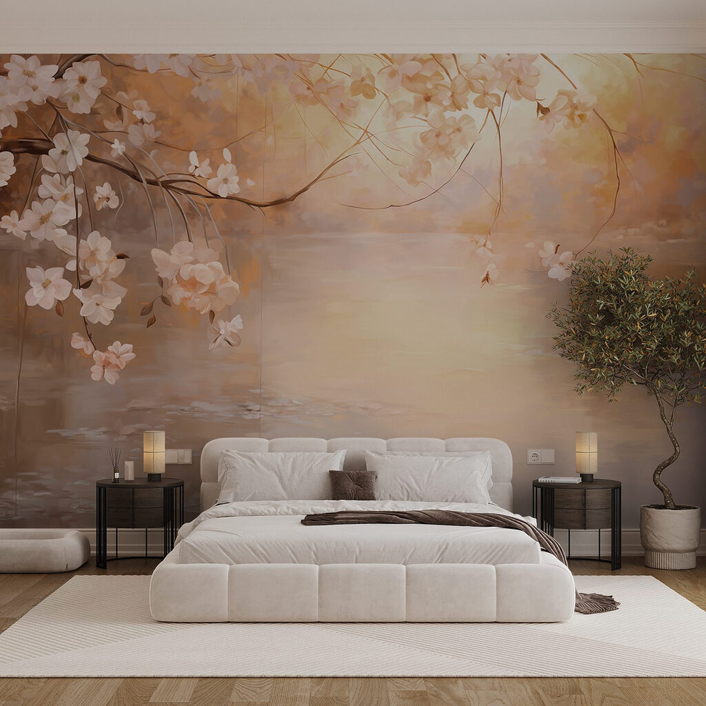 Blüten über goldenem Wasser in einem Interieur