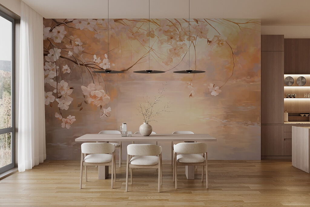 Blüten über goldenem Wasser in einem Interieur