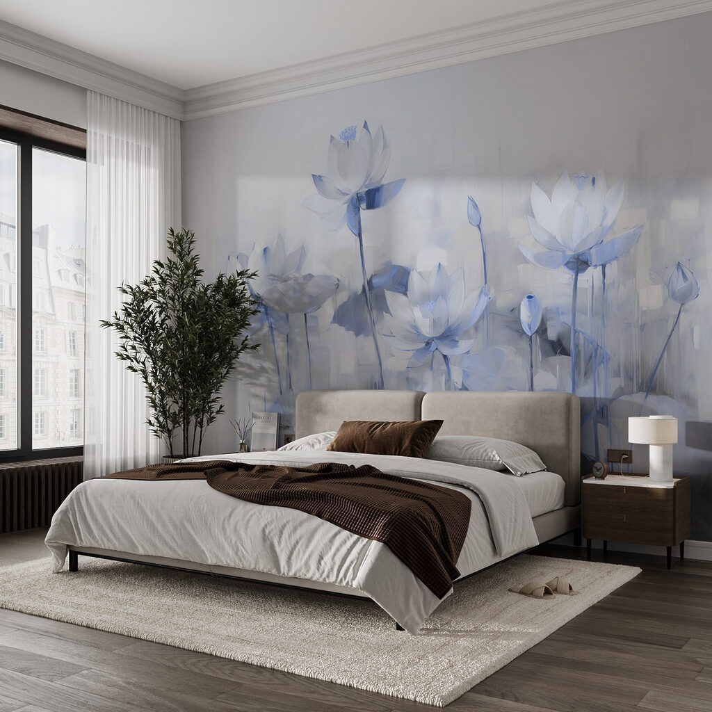 Lotusblüten über spiegelndem Wasser in einem Interieur