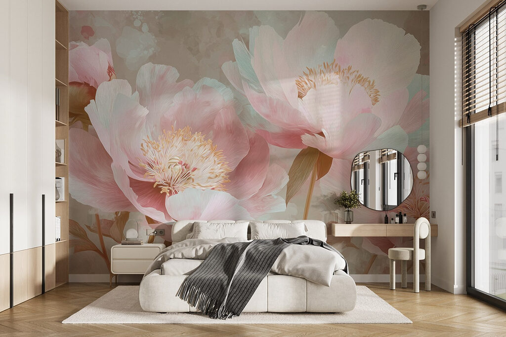 Große Pastellblüten in einem Interieur