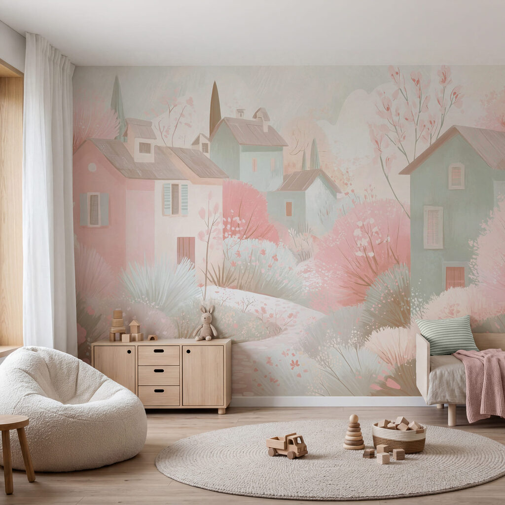 Pastellhäuschen zwischen Blüten in einem Interieur