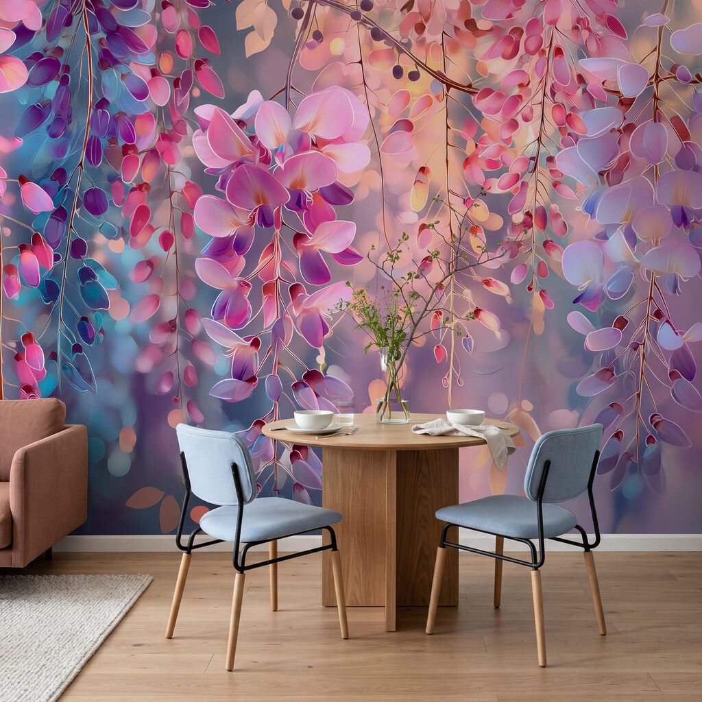 Violette Blütenranken im Abendlicht in einem Interieur