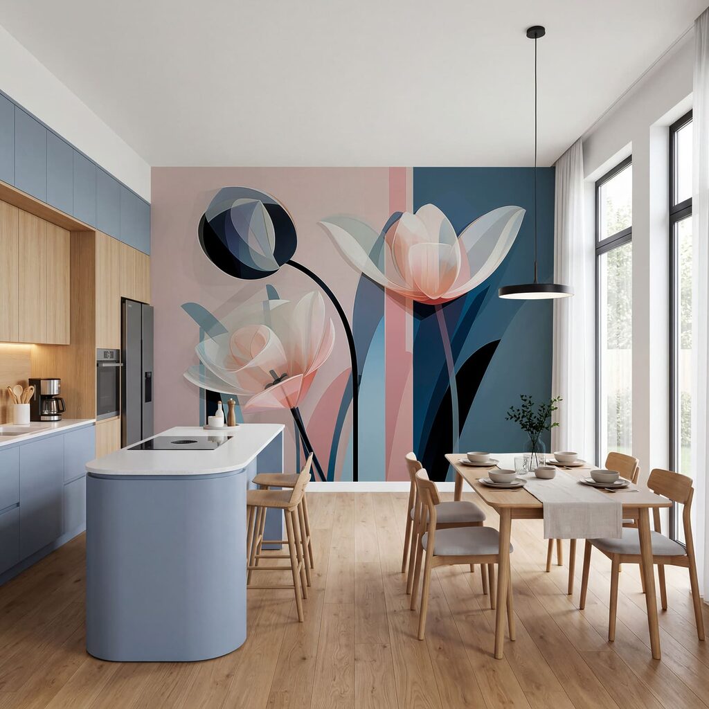 Rosa Kelche auf Farbflächen in einem Interieur