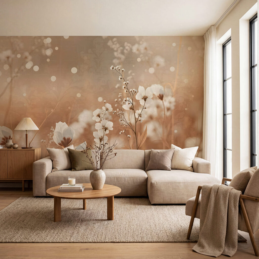 Weiße Wiesenblumen im Bernsteinlicht in einem Interieur