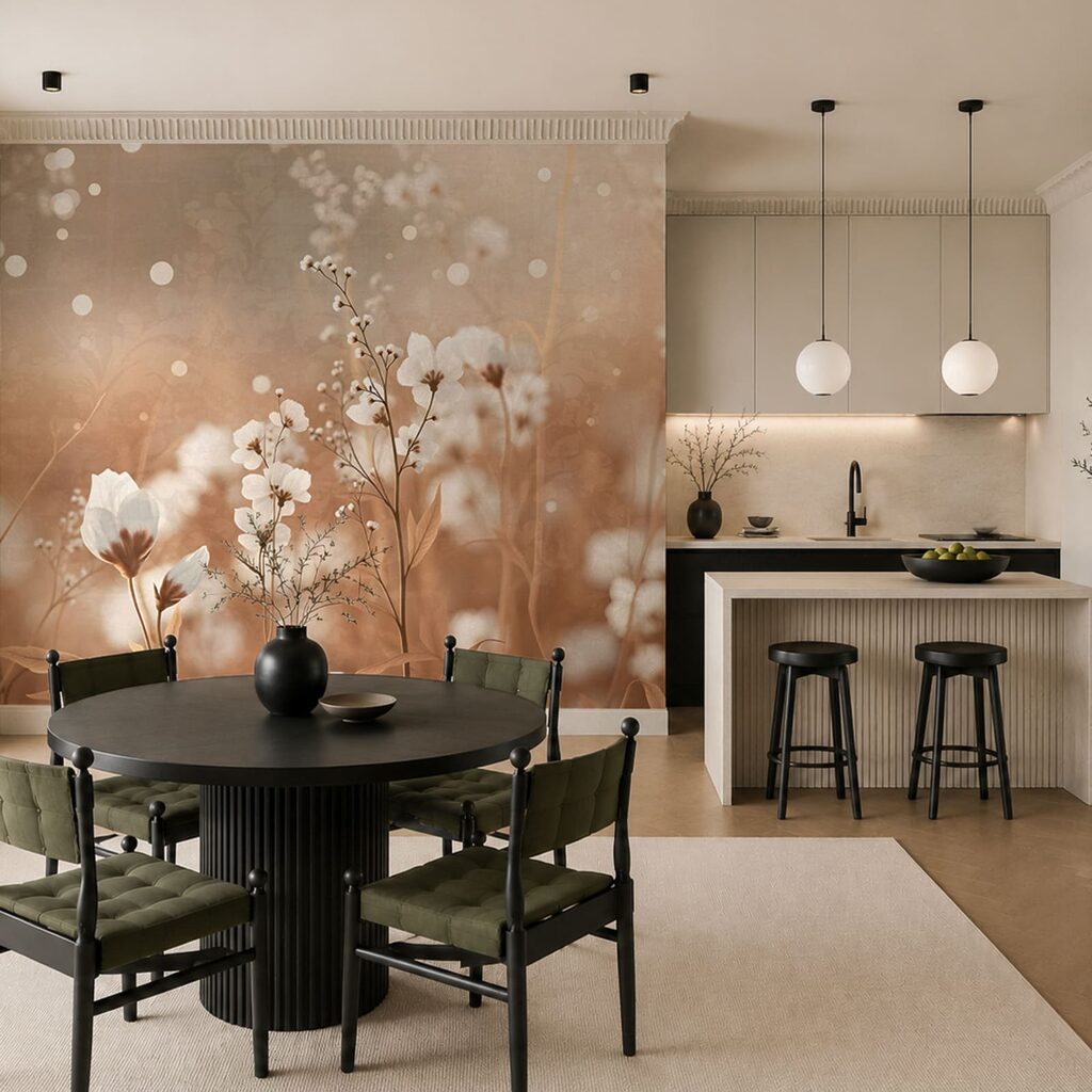 Weiße Wiesenblumen im Bernsteinlicht in einem Interieur