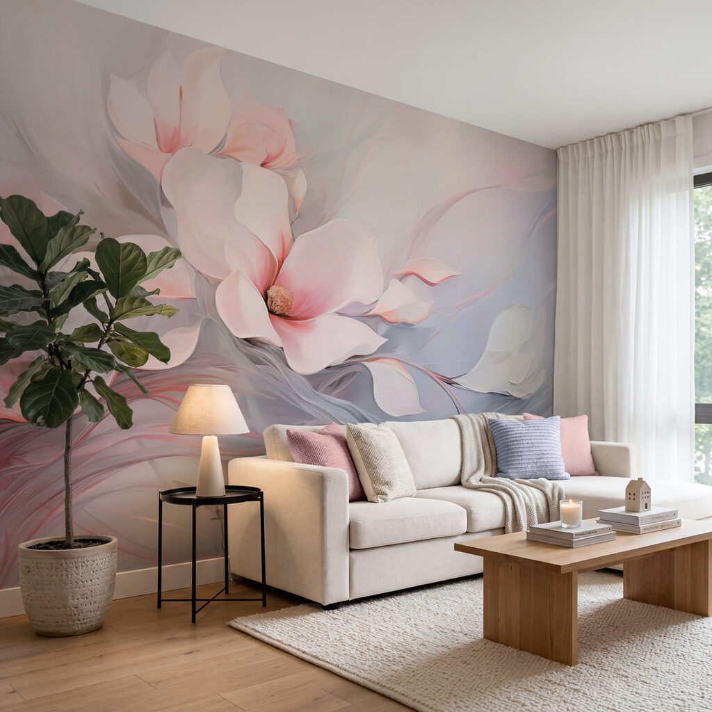 Rosa Blüten auf Wellenlinien in einem Interieur