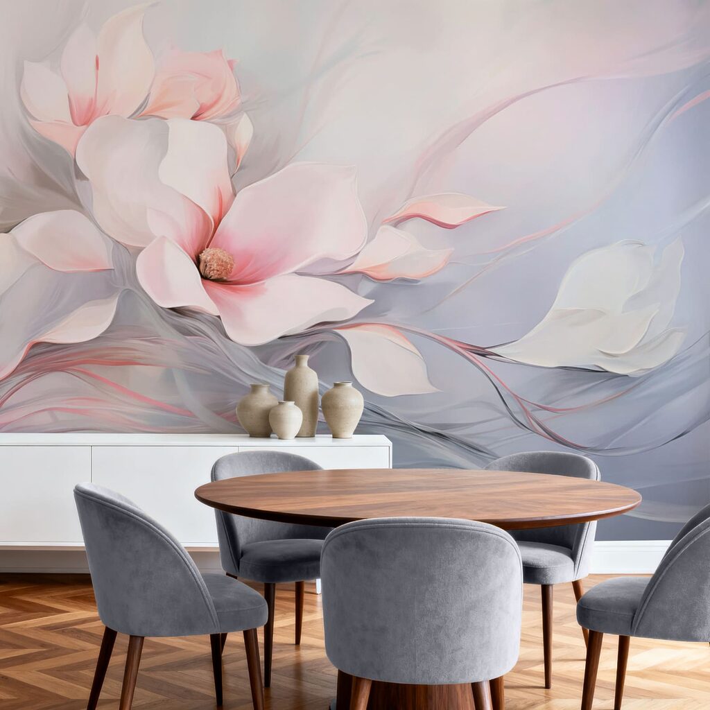 Rosa Blüten auf Wellenlinien in einem Interieur