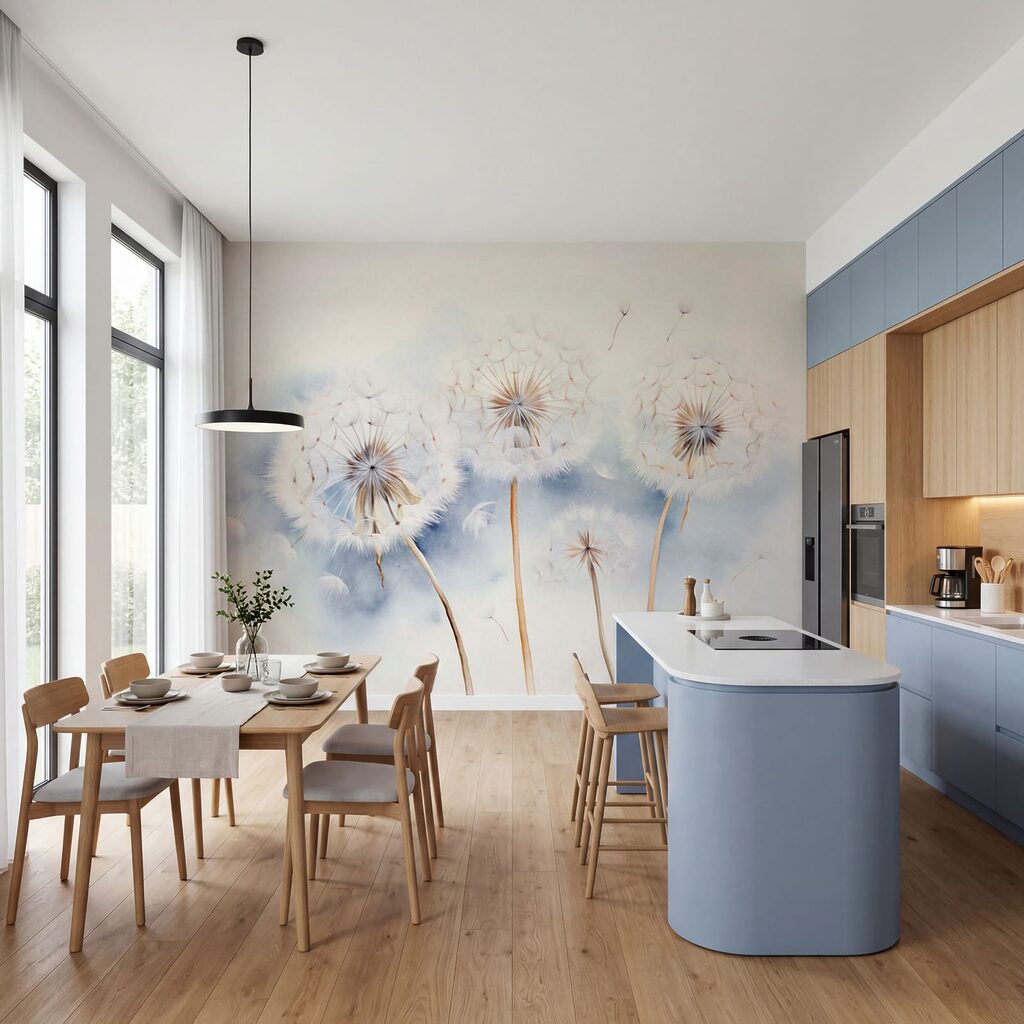 Pusteblumen vor Farbwolken in einem Interieur