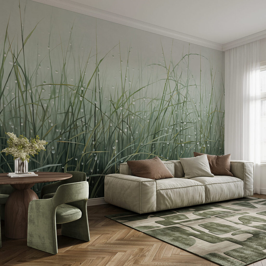 Tautropfen an feinen Gräsern in einem Interieur