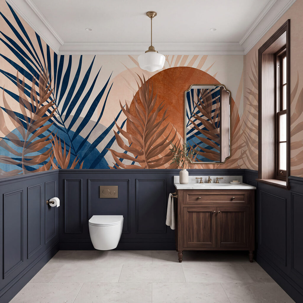 Palmwedel vor Kupfersonne in einem Interieur