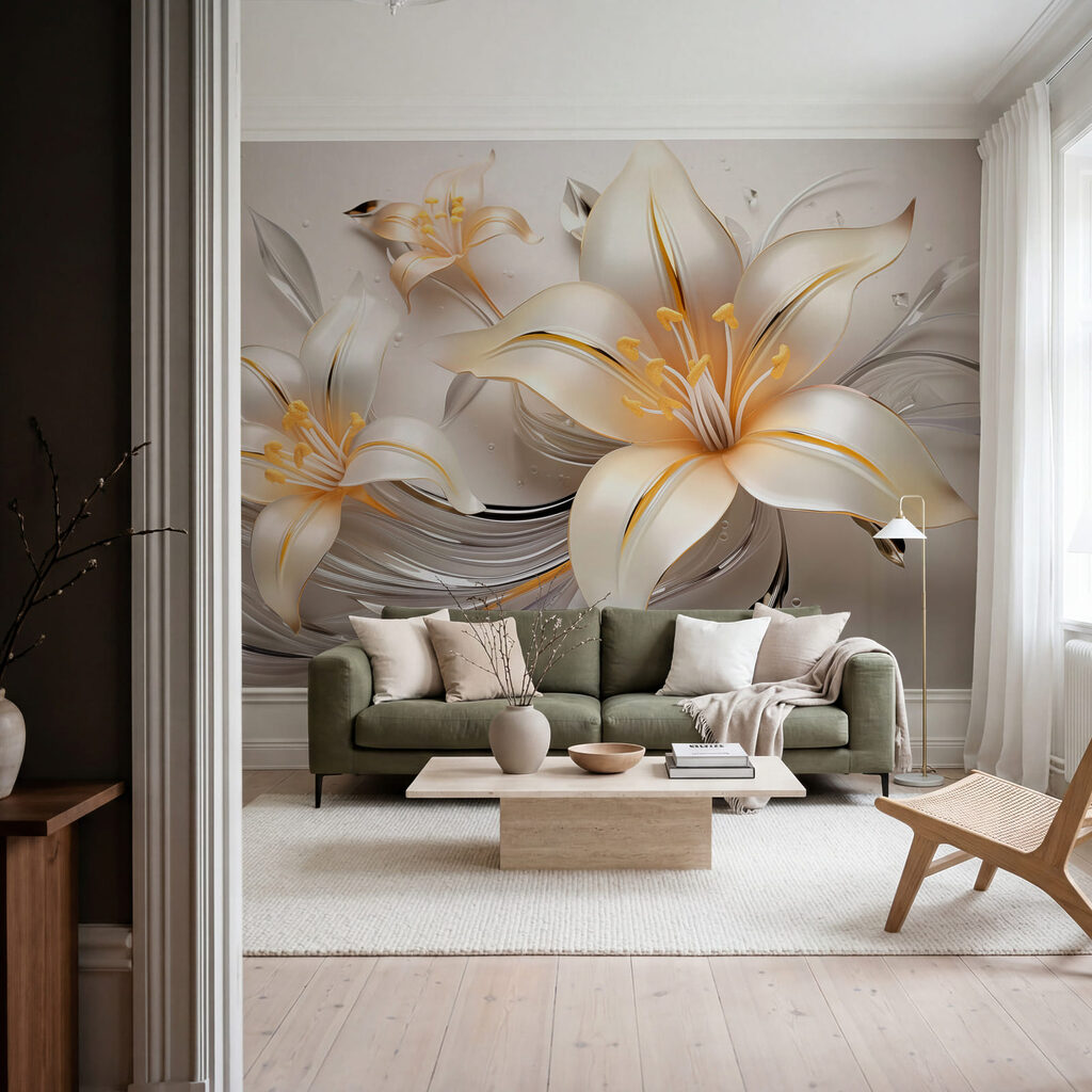 Weiße Lilien mit Goldsaum in einem Interieur