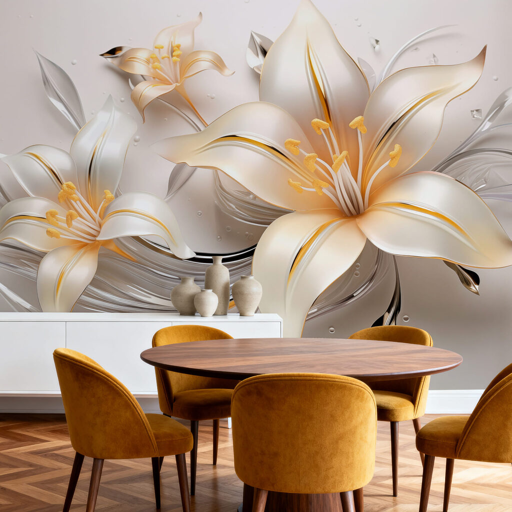 Weiße Lilien mit Goldsaum in einem Interieur