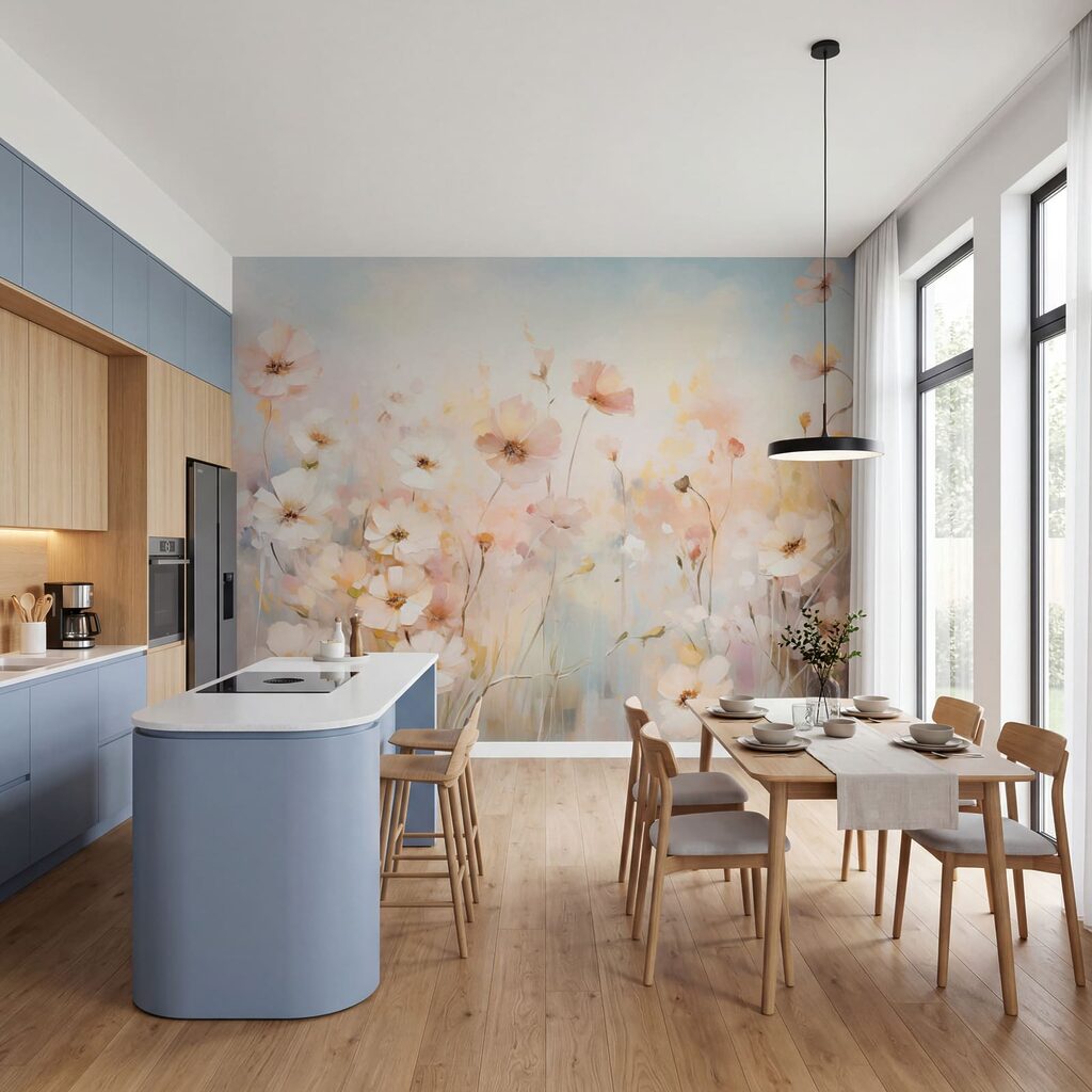 Blütenwiese in Pastell in einem Interieur