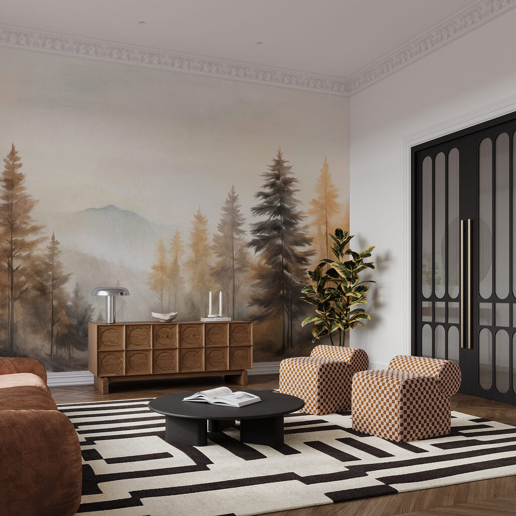 Kiefern im goldenen Nebel in einem Interieur