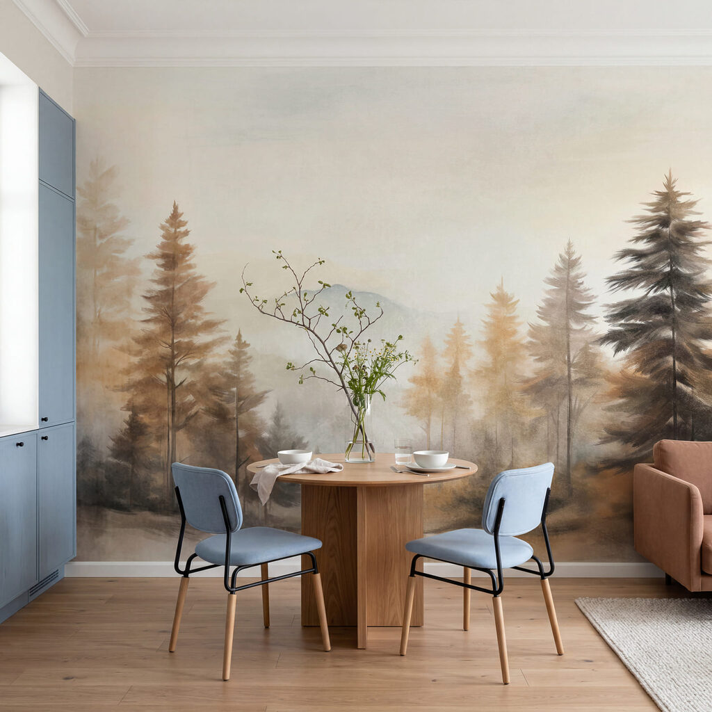 Kiefern im goldenen Nebel in einem Interieur