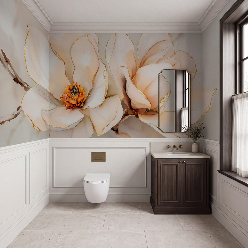 Zwei Blüten mit Goldlinien in einem Interieur