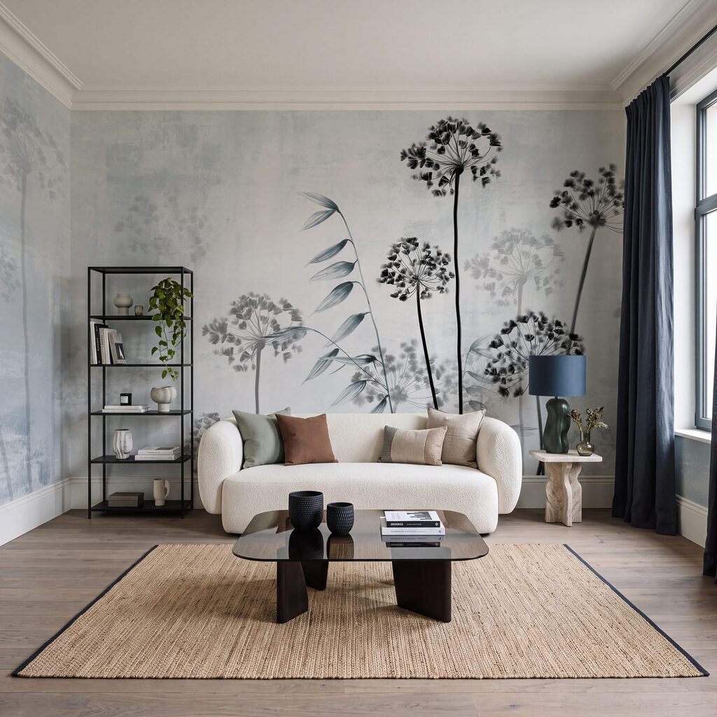 Doldenblüten vor Farbschleiern in einem Interieur