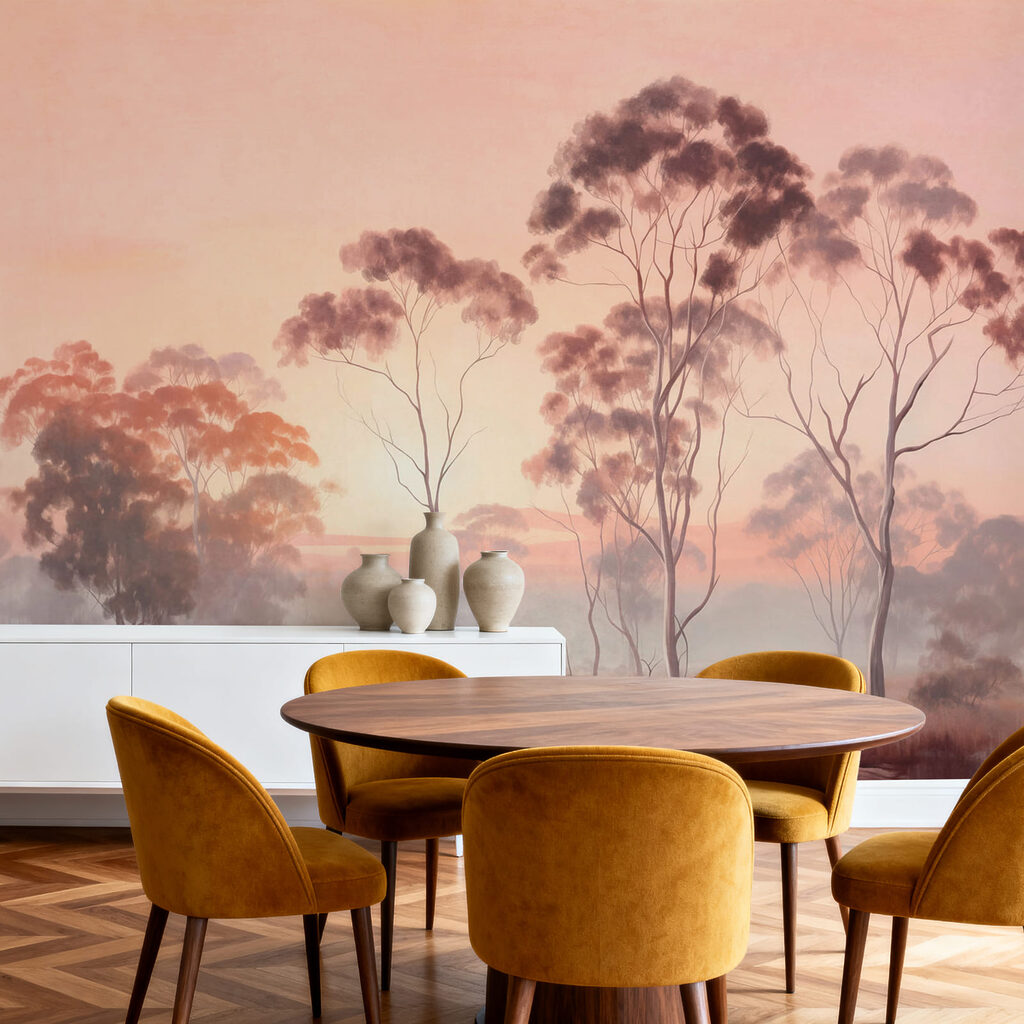 Bäume vor warmem Himmel in einem Interieur