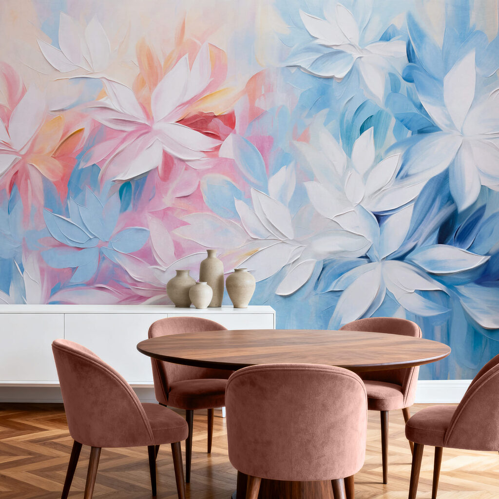 Blüten in kühlen Farbstrichen in einem Interieur