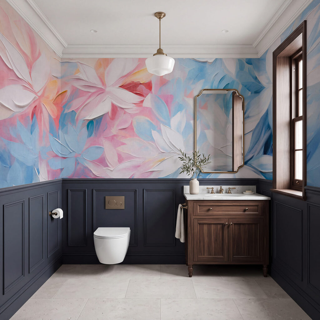 Blüten in kühlen Farbstrichen in einem Interieur
