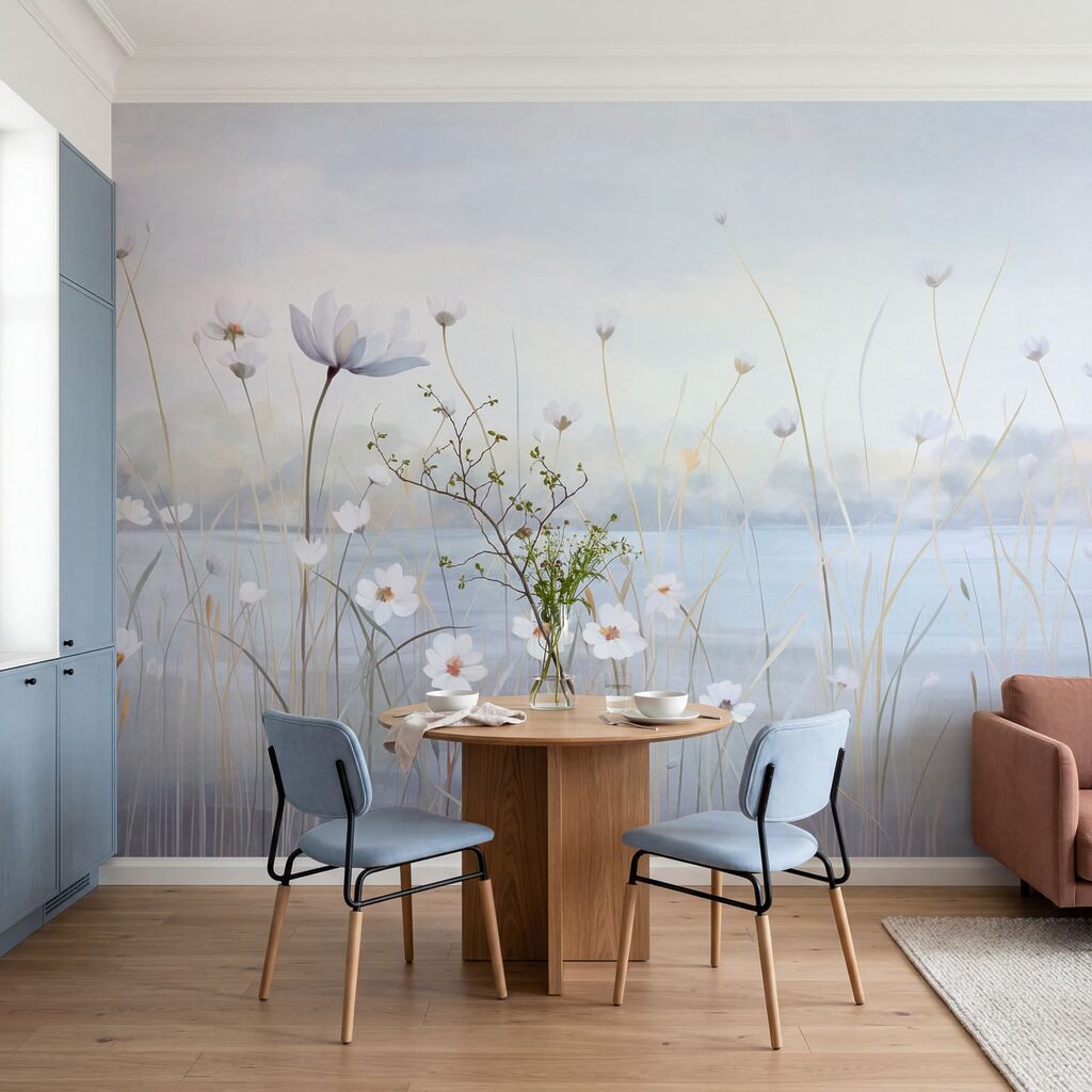 Blüten am blauen Wasser in einem Interieur