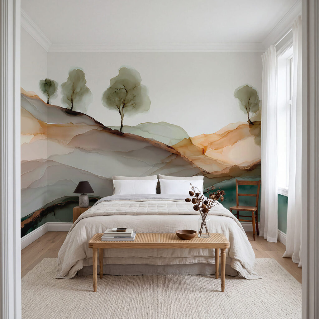 Bäumchen auf bunten Hügeln in einem Interieur