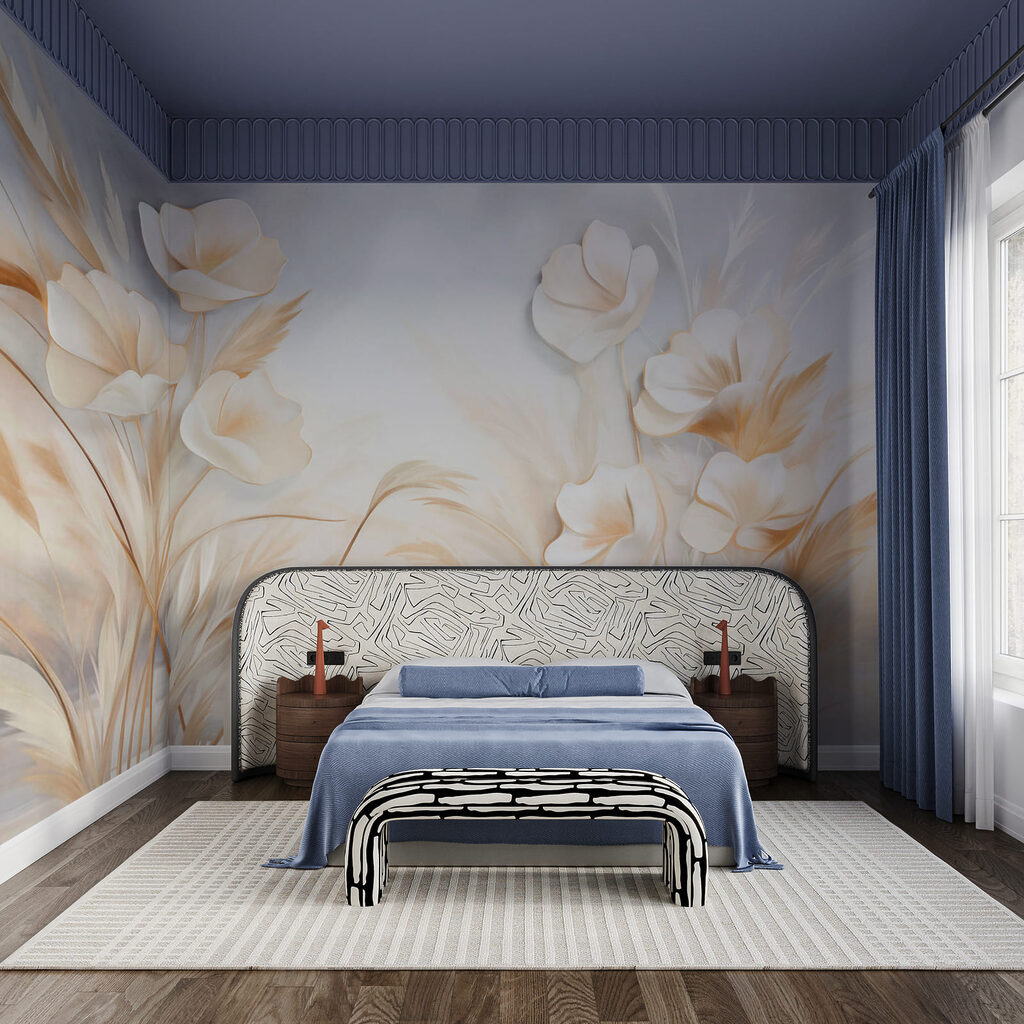 Cremeweiße Blüten über Halmen in einem Interieur