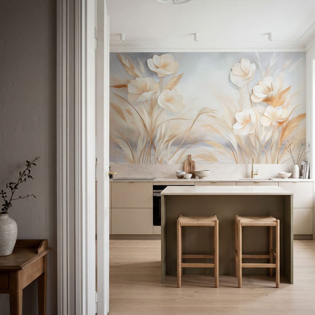 Cremeweiße Blüten über Halmen in einem Interieur