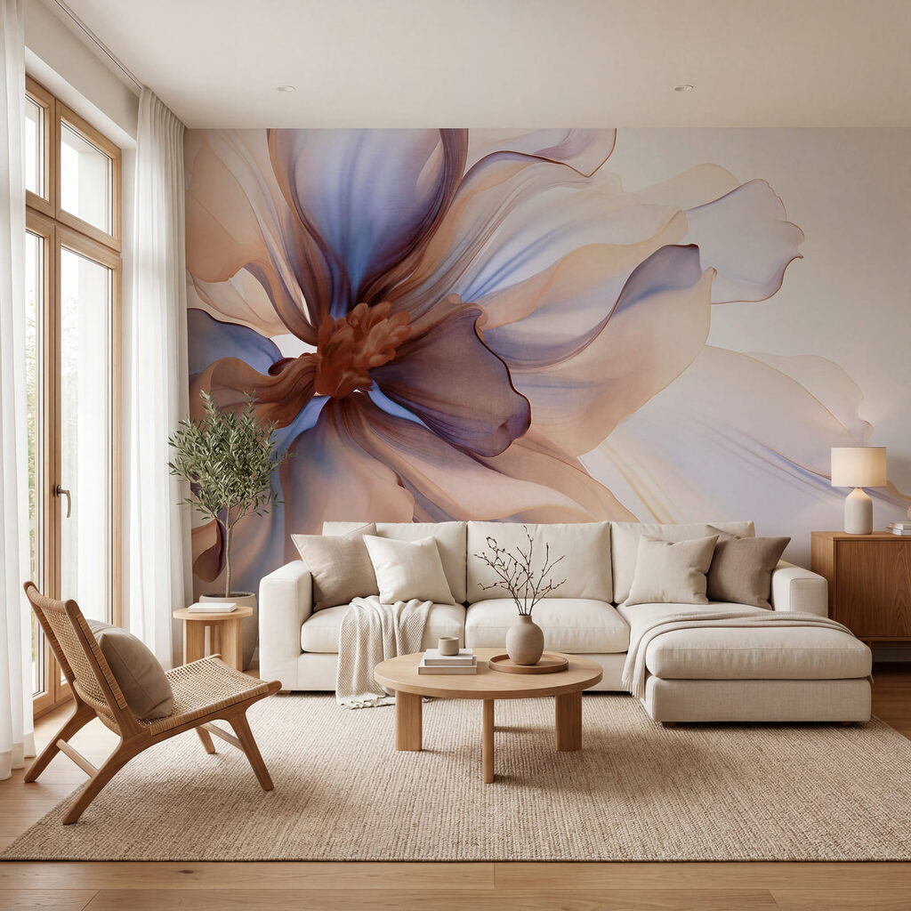 Blütenblätter, Blau und Karamell in einem Interieur