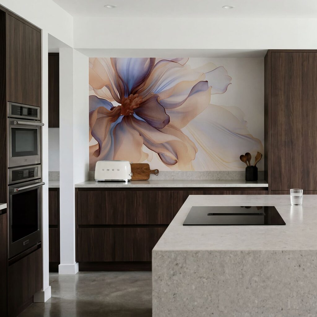 Blütenblätter, Blau und Karamell in einem Interieur